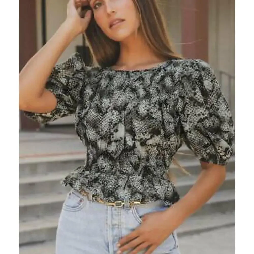 Free People Gray XOXO Blouse Snake Print Puff Sleeve Smocked Crop Top Small NWOT